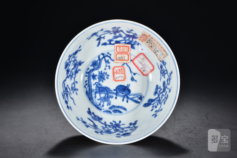 清道光 内青花外粉彩开光三阳开泰纹碗 - 图5